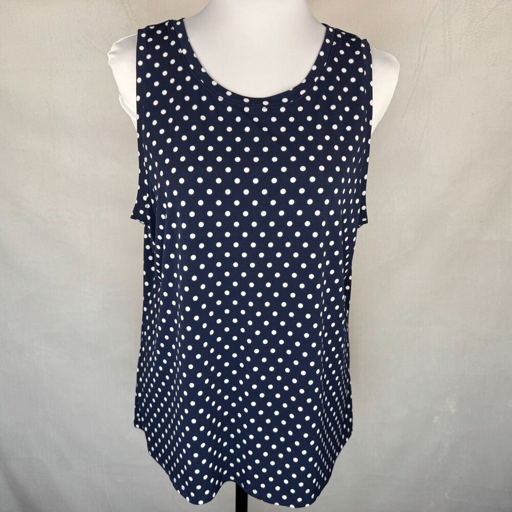 Chaus New York Sz  L Top Navy Polka Dots Scoop Neckline Sleeveless Back Slits